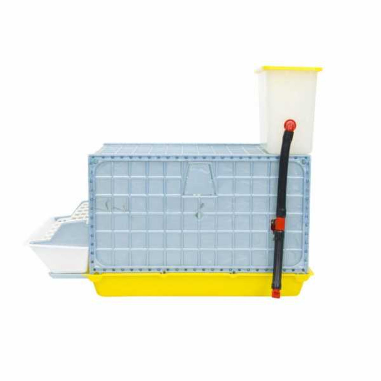 Hatching Time Cimuka GL25 9.5” Grow out pen. Side view showing water reservoir tank on top with a hose going down to the automatic drinker system. Feeding trough can be seen on front of pen.