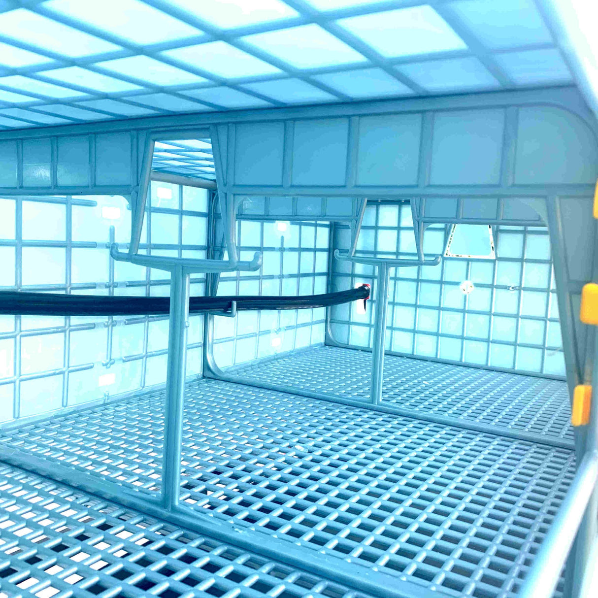 Hatching Time Cimuka GL25 9.5” Grow out Pen. Interior view showing automatic drinker system with algae-free hoses shown on hangers on the wall of grow out pen.