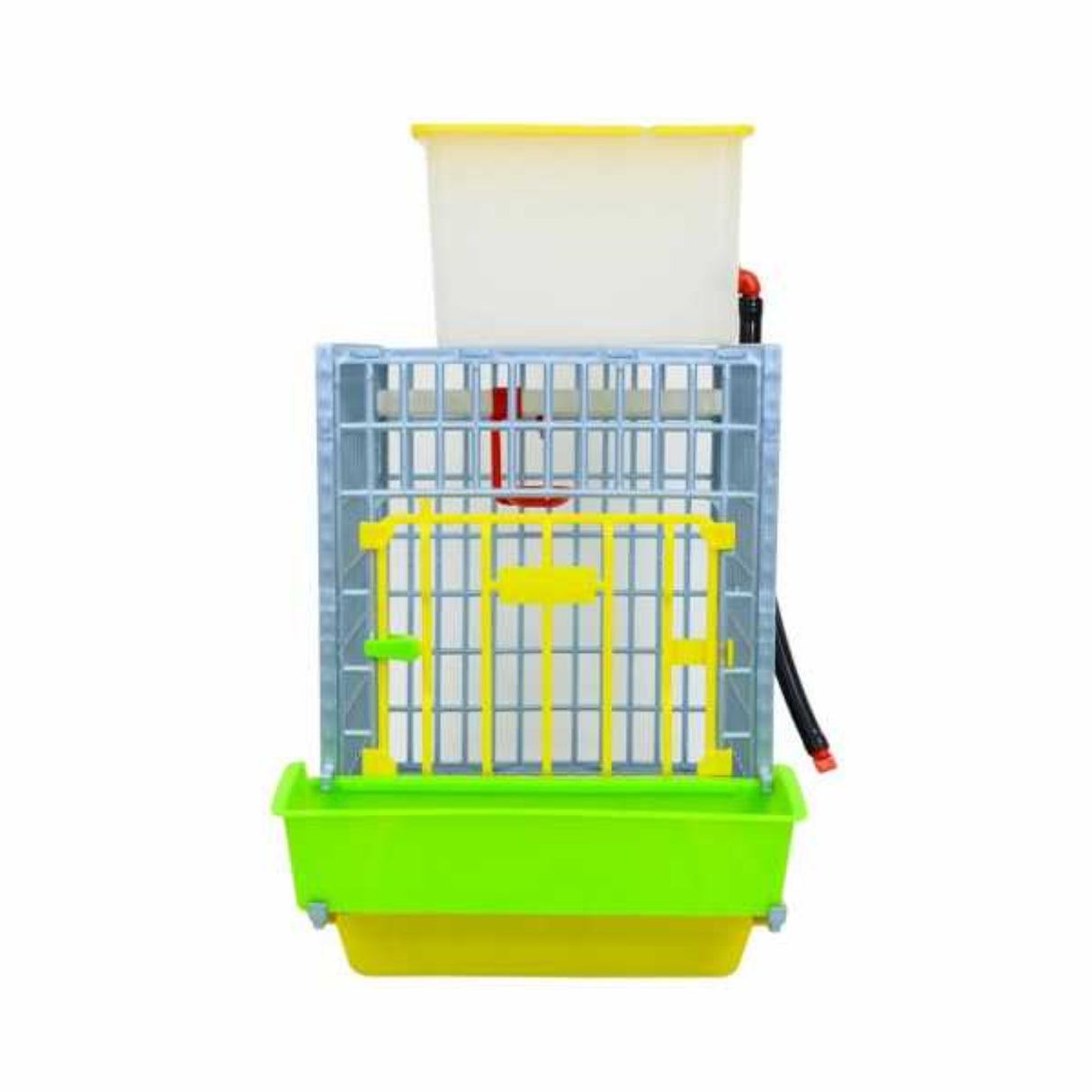 Hatching Time Cimuka front view of 1 section GL40 15" grow out pen. Feeding trough can be seen in front. Water Reservoir can be seen on top of grow out pen.