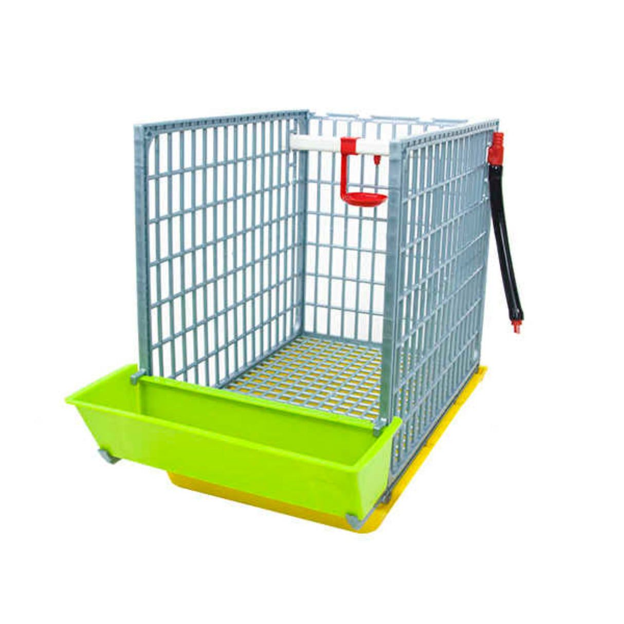 Hatching Time Cimuka 1 section grow out pen can be seen from side with door and roof removed to see interior with automatic drinker system and feeding trough in front of grow out pen.