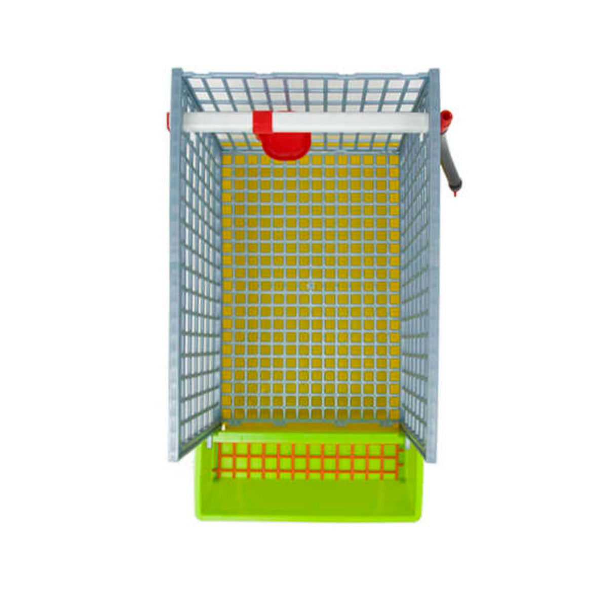 Hatching Time Cimuka GL40 15" Grow out pen with roof and front wall removed to see interior. Feeding trough is in front of the grow out pen with smart grill feed guard. Automatic drinker pipes are mounted on wall of grow out pen.