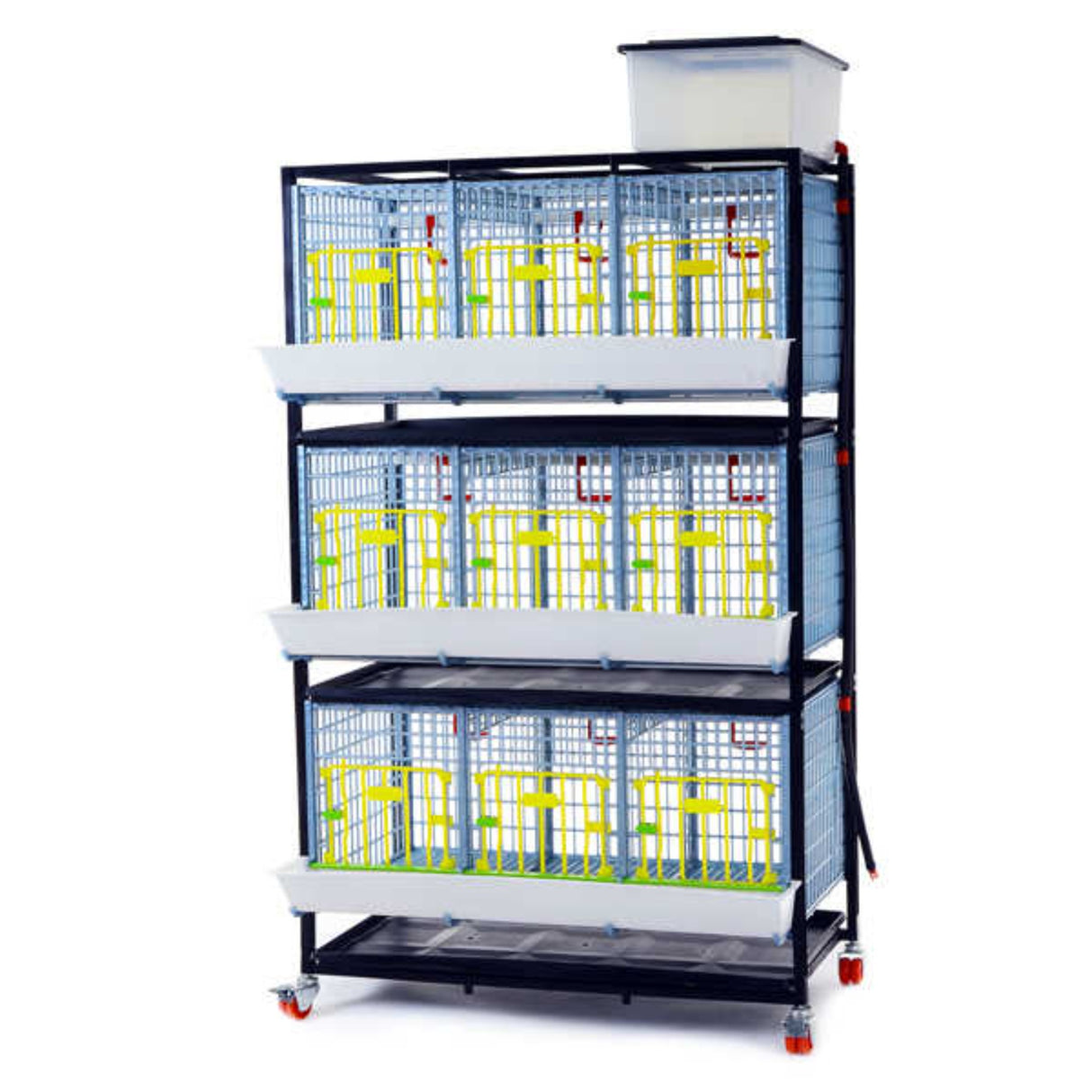 Hatching Time Cimuka GL40 15" Grow out pen. 3 layer can be seen with water reservoir on top for automatic drinker system. Feeding trough visible in front and manure tray below cage. System is on rolling casters.