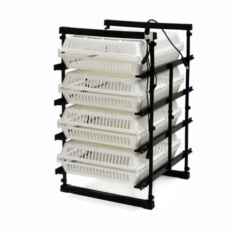 Hatching Time Cimuka. 120-set hatcher can be seen in image with 4 egg racks for securing newly-hatched chicks.  Hatching baskets are on rack to secure them.