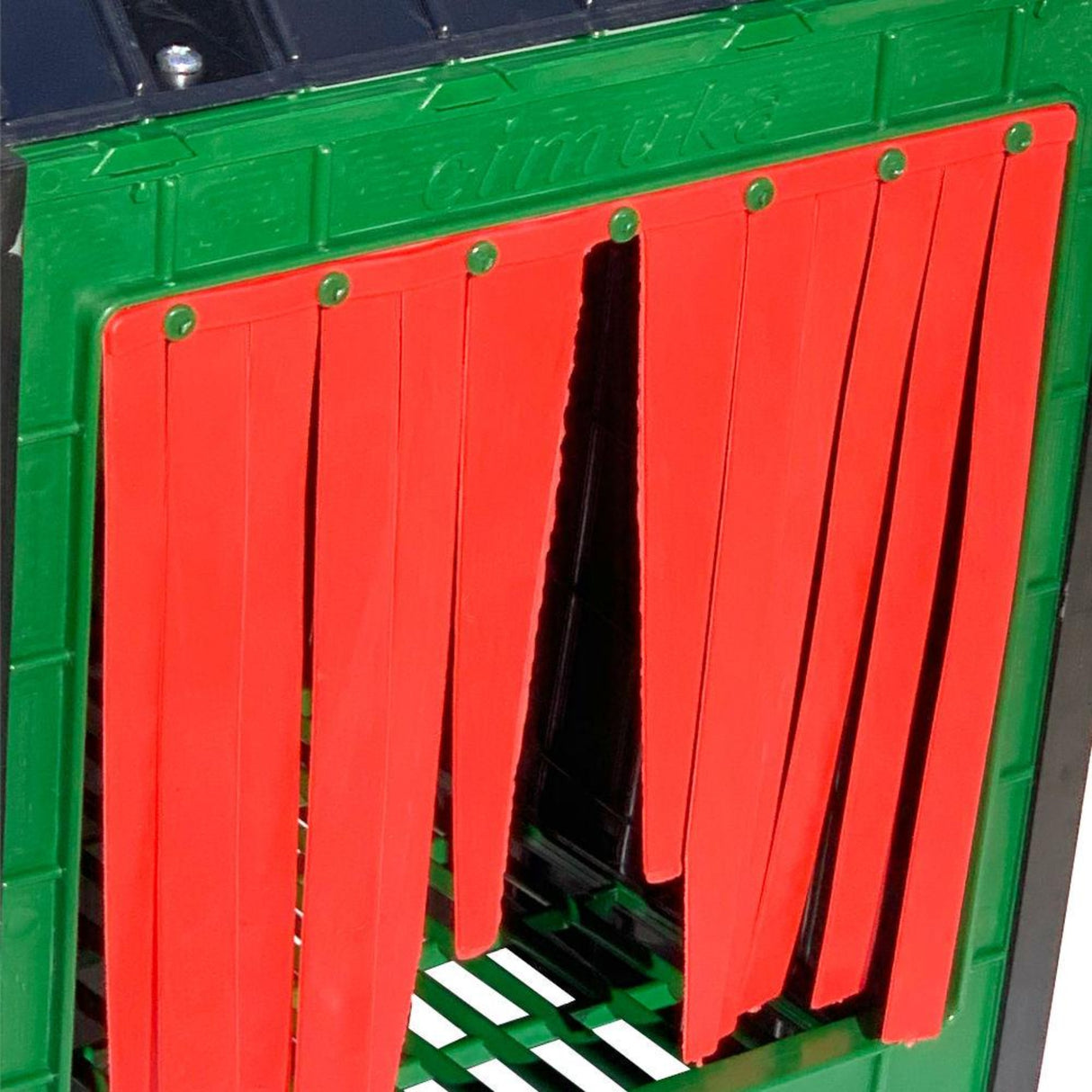 Hatching Time Cimuka. Nesting Box entrance door closeup. Comfort blinds provide privacy for egg laying.