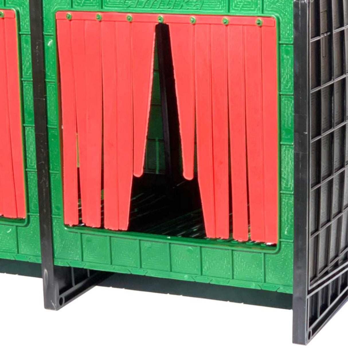 Hatching Time Cimuka. Nesting Box entrance door closeup. Comfort blinds provide privacy for egg laying.