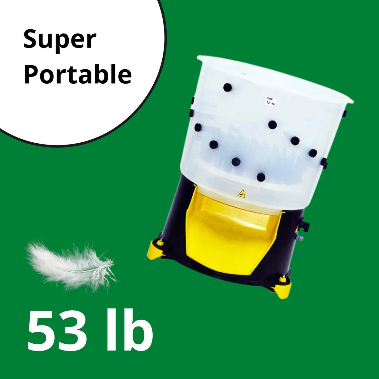 Hatching Time Cimuka. Side view of feather plucker. Text reads “Super Portable 53Lb”