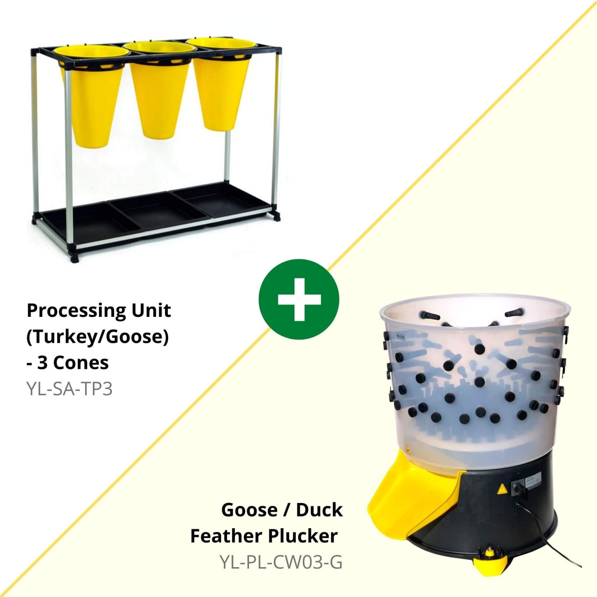 Hatching Time Cimuka. Image shows that kit comes with Processing cones and Feather plucker for geese/ducks.