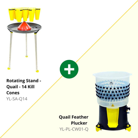 Hatching Time Cimuka. Image shows that kit comes with Processing cones and Feather plucker for Quail.