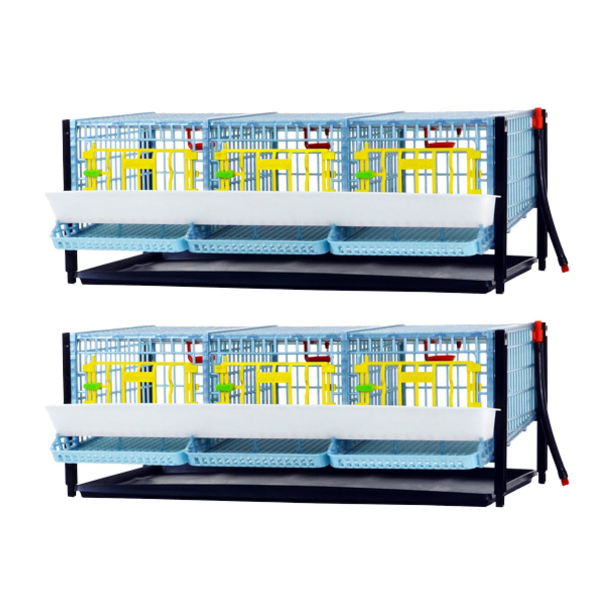 Hatching Time Cimuka Quail Cage Double Layer Addition front view shows feeding troughs, plastic doors with locks, roll-out egg trays. Manure trays can be seen.