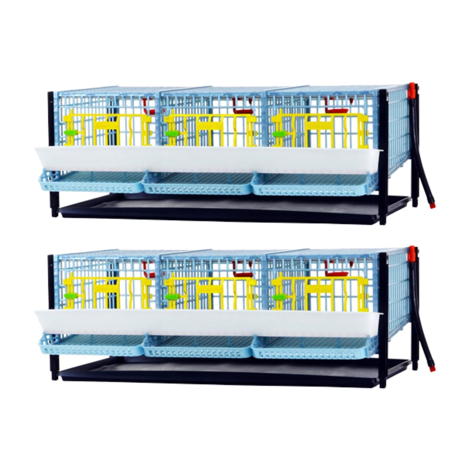Hatching Time Cimuka Quail Cage Double Layer Addition front view shows feeding troughs, plastic doors with locks, roll-out egg trays. Manure trays can be seen.