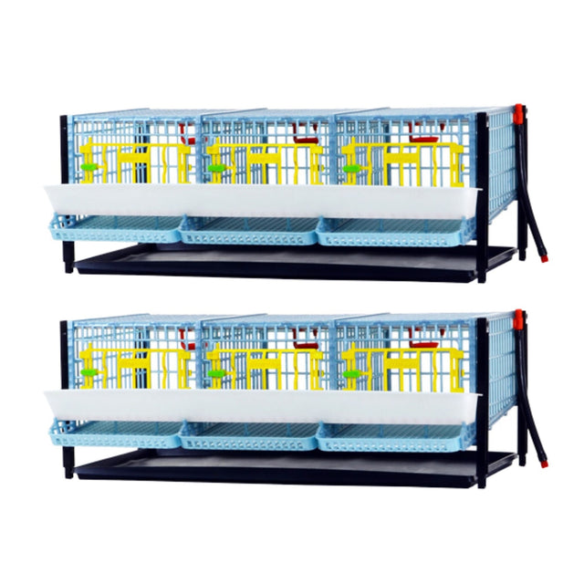 Hatching Time Cimuka Quail Cage Double Layer Addition front view shows feeding troughs, plastic doors with locks, roll-out egg trays. Manure trays can be seen.