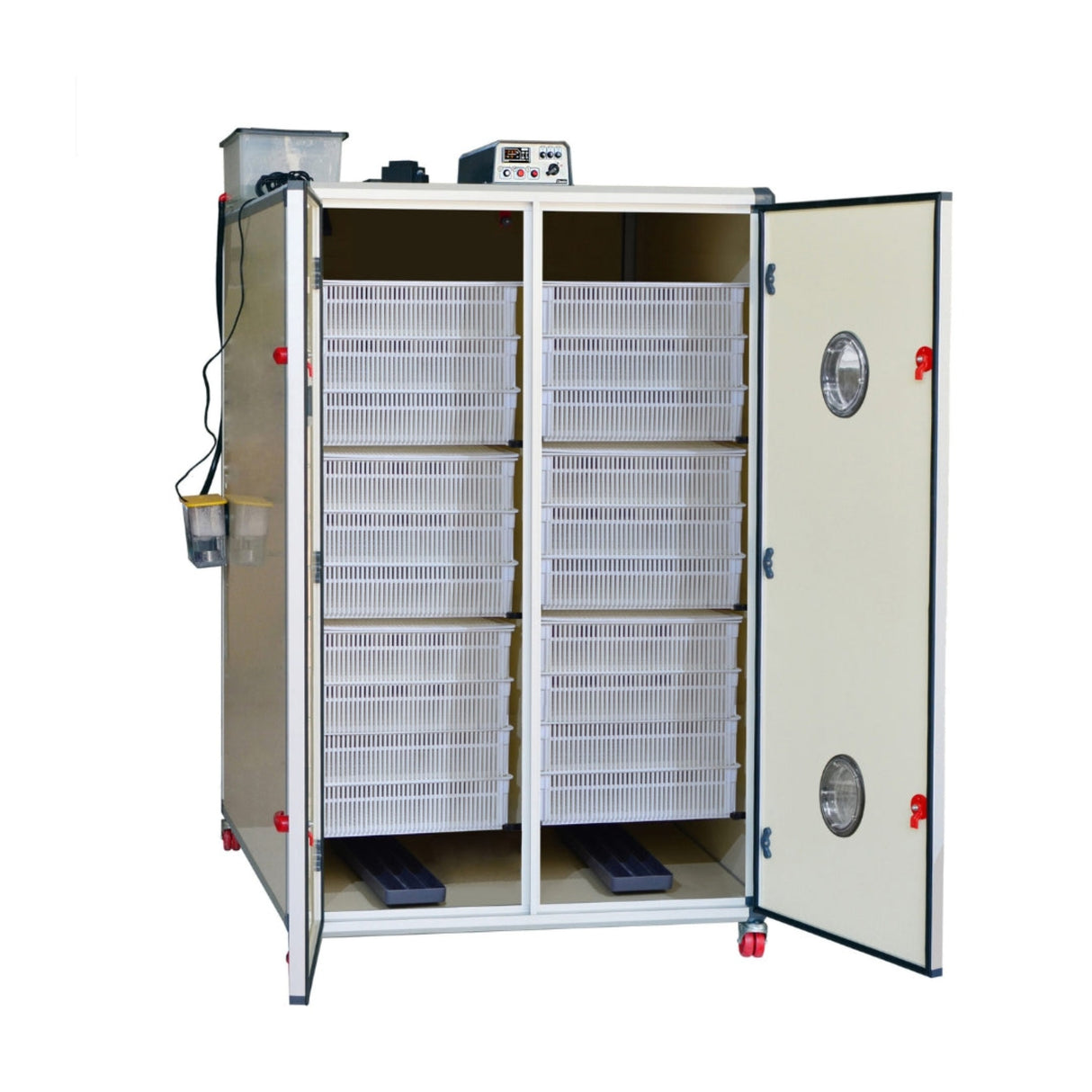 Hatching Time Cimuka. Incubator with doors open can be seen with 20 hatching baskets seen inside. Humidity tray can be seen on inside floor of incubator. Digital control on top of incubator is visible. Water reservoir tank can be seen on top of incubator connected to Humisonic humidifier on side of Incubator.