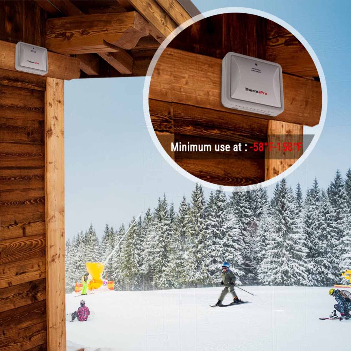 Hatching Time Therm Pro. Sensor can be seen in image mounted to wall outside of wooden cabin.  Shows minimum use of 58 degrees celsius or 158 degrees Fahrenheit.