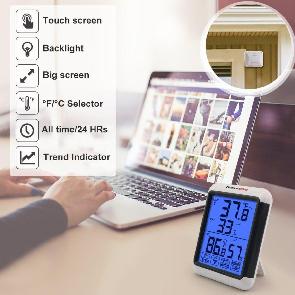 Hatching Time Therm Pro. Features listed : Touch screen, backlight, big screen, Fahrenheit/Celsius selector, All time/24hr settings trend indicator.