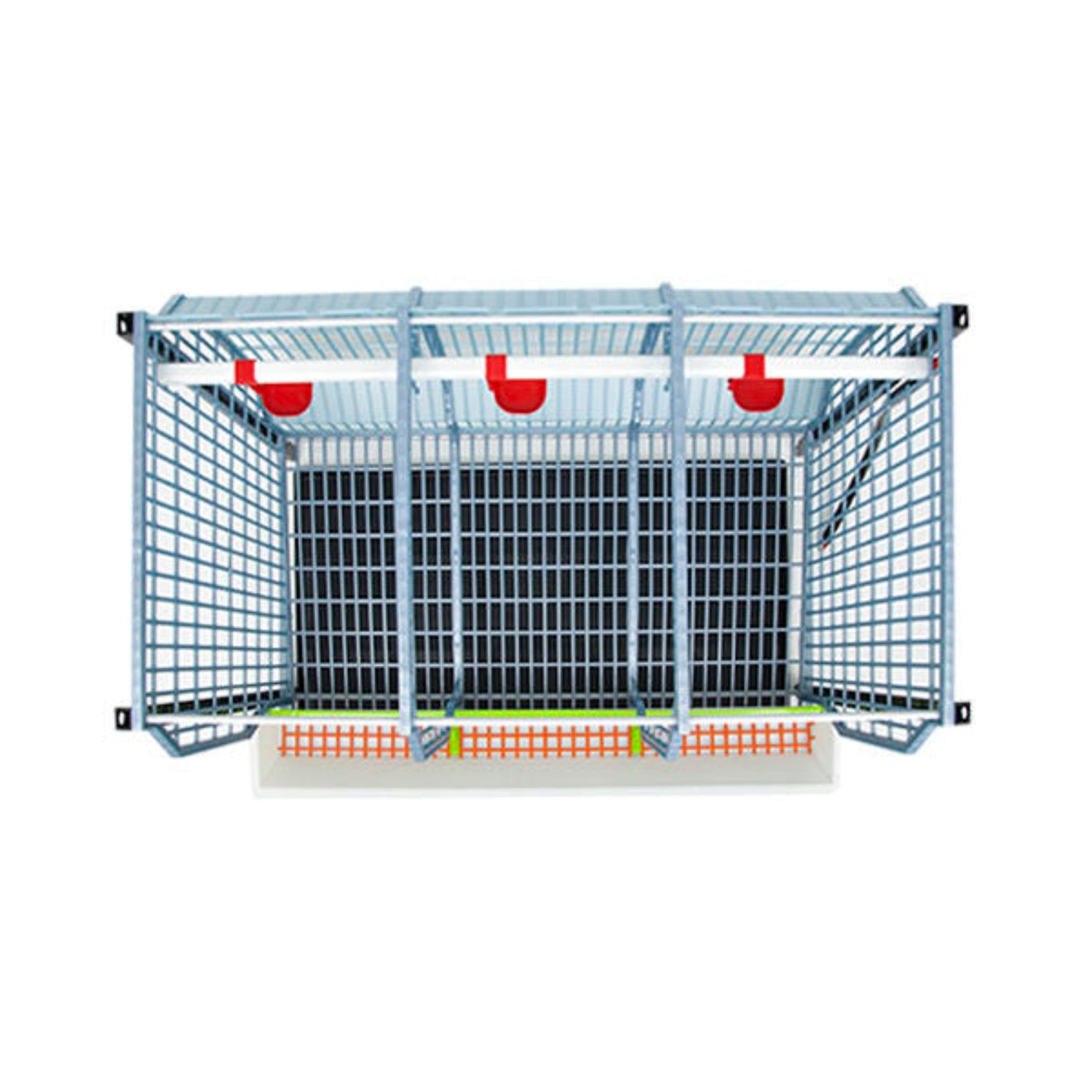 Hatching Time Cimuka. TYK60 22” Chicken cage 3 layer. Image shows chicken cage from above. Roof and front walls are removed to show inside of cage. Feeding trough can be seen on front of cage. Automatic drinker system is seen on back wall of cage. Grid flooring can be seen on bottom of cage.