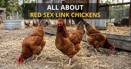Photorealistic image of three Red Sex Link chickens in a poultry farm