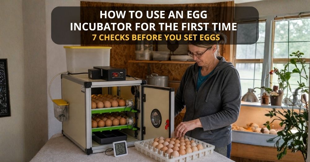 Poultry keeper preparing eggs beside a cabinet incubator before setting a first hatch