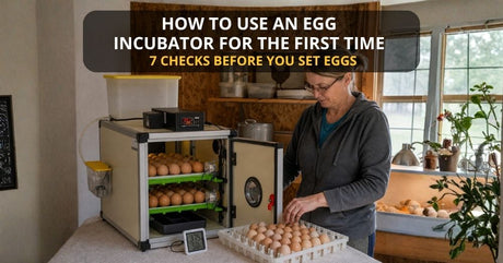 Poultry keeper preparing eggs beside a cabinet incubator before setting a first hatch