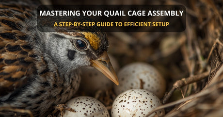 A quail with her eggs in her quail housing.