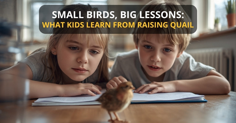 professional photo of Warm, realistic lifestyle photograph of children with their eyes and attention clearly directed downward at small Coturnix quail on the table in front of them.