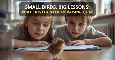 professional photo of Warm, realistic lifestyle photograph of children with their eyes and attention clearly directed downward at small Coturnix quail on the table in front of them.