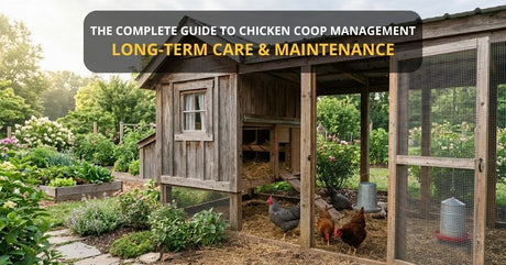 Backyard chicken coop with a covered run, nesting area, waterers, and hens, featuring the title “The Complete Guide to Chicken Coop Management: Long-Term Care & Maintenance.”