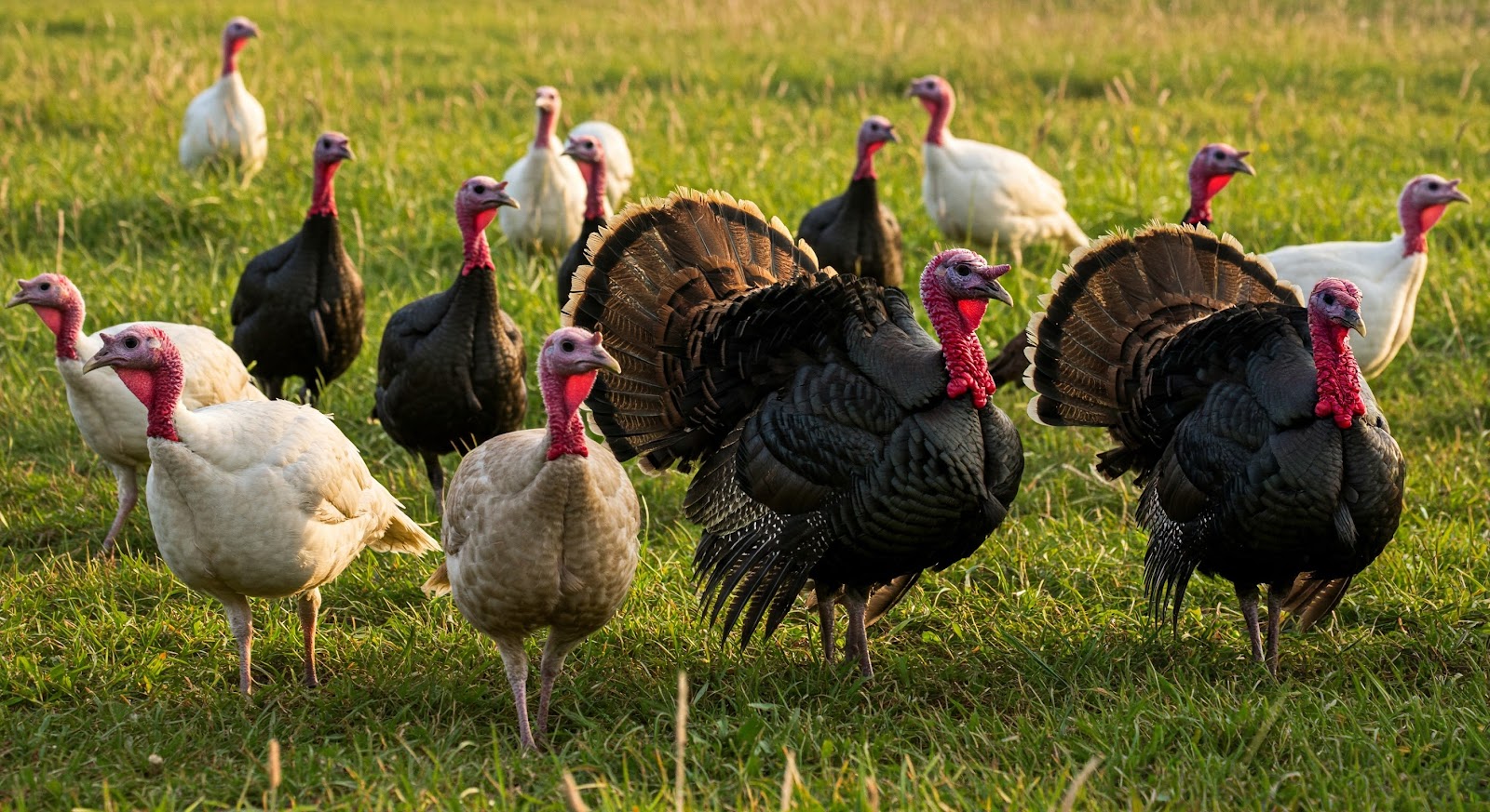 Group of healthy turkeys grazing in open pasture