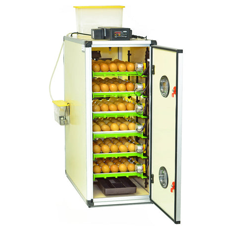 Hatching Time Cimuka. Image shows open incubator with 6 setter trays filled with brown chicken eggs.