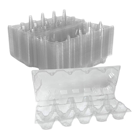 Stacks of clear plastic egg trays on a white background
