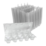 Stack of clear plastic egg trays on a white background