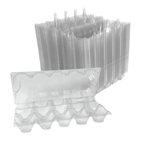Stack of clear plastic egg trays on a white background
