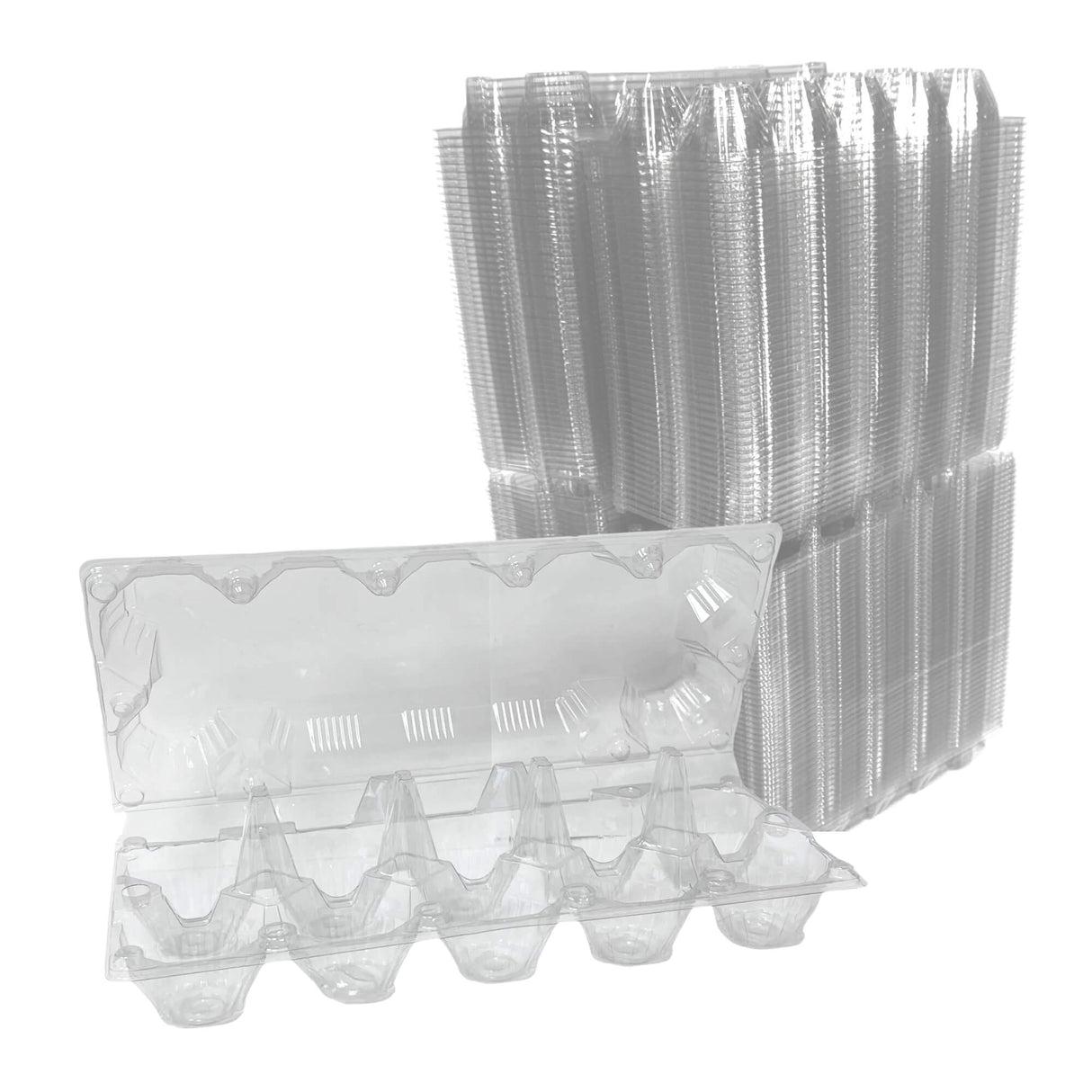 Clear plastic egg cartons stacked on a white background