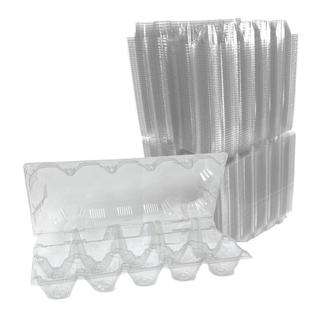 Clear plastic egg cartons stacked on a white background