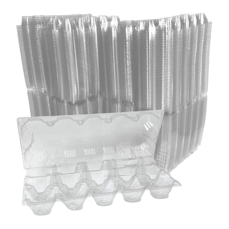 Stack of clear plastic egg cartons on a white background