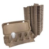 Stack of cardboard egg cartons with a single white egg on a white background