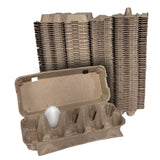 Stack of cardboard egg cartons with a single carton open on a white background