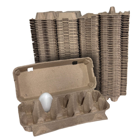 Stack of cardboard egg cartons with a single carton open on a white background