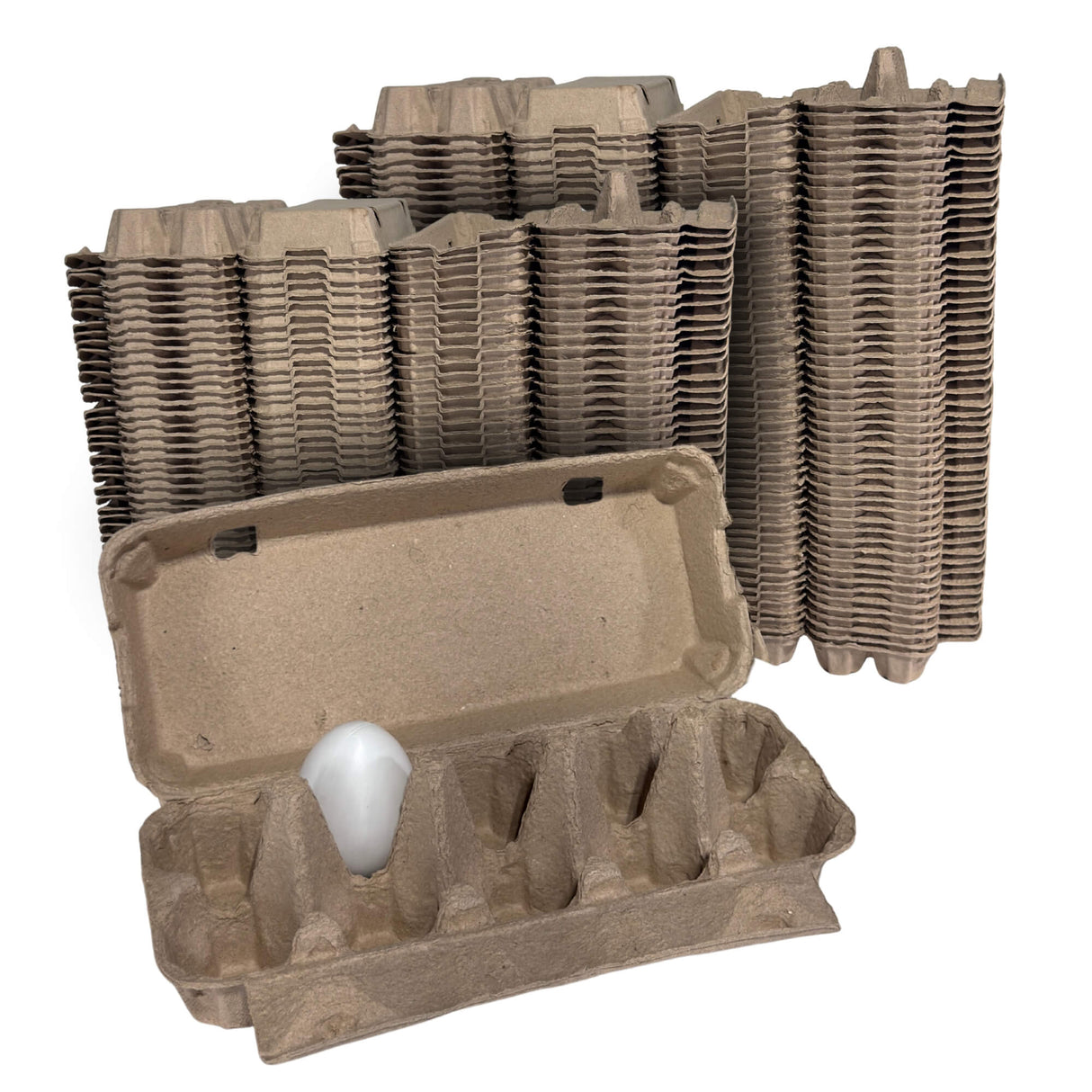 Stacks of cardboard egg cartons with a single carton open on a white background