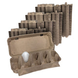 Stacks of cardboard egg cartons with an open one containing a white egg on a white background