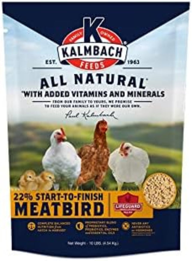 Hatching Time Kalmbach Feeds. 22% Start-to-Finish Meatbird feed. Front of 10lb bag can be seen in image.