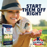 Hatching Time Kalmbach Feeds. 18% Start right chick feed Medicated bag front can be seen in image. A chick is standing on a woman's hand in the image.