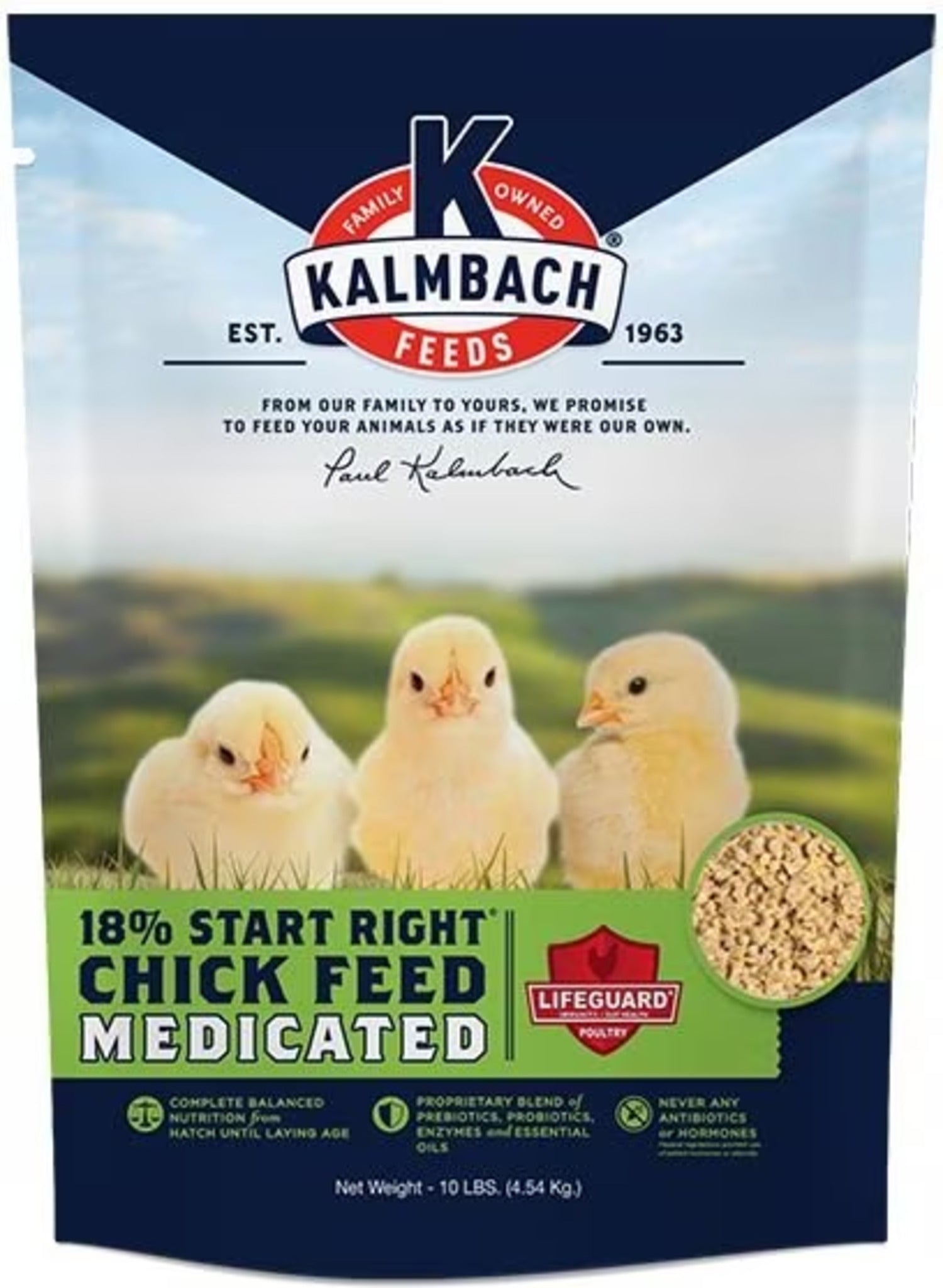 Hatching Time Kalmbach Feeds. 18% Start right chick feed Medicated bag front can be seen in image.