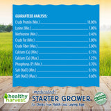 Hatching Time Healthy Harvest. Medicated Starter grower. Nutritional information can be seen in image. Shows 18% crude protein content. 