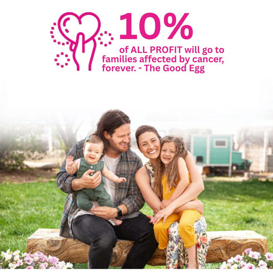 The Good Egg Founders with children promoting brand and 10% of profits to families with cancer.