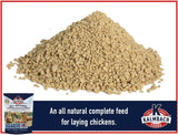 Hatching Time Kalmbach Feeds. 17% layer crumbles. A pile of feed can be seen in image. There is a bag on the front of image.