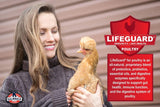 Hatching Time Kalmbach Feeds. Lifeguard immunity and gut health logo is seen in front of woman holding a brown chicken.