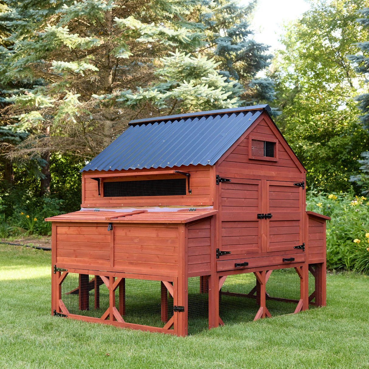 Large wooden backyard chicken coop with attached run and metal roof