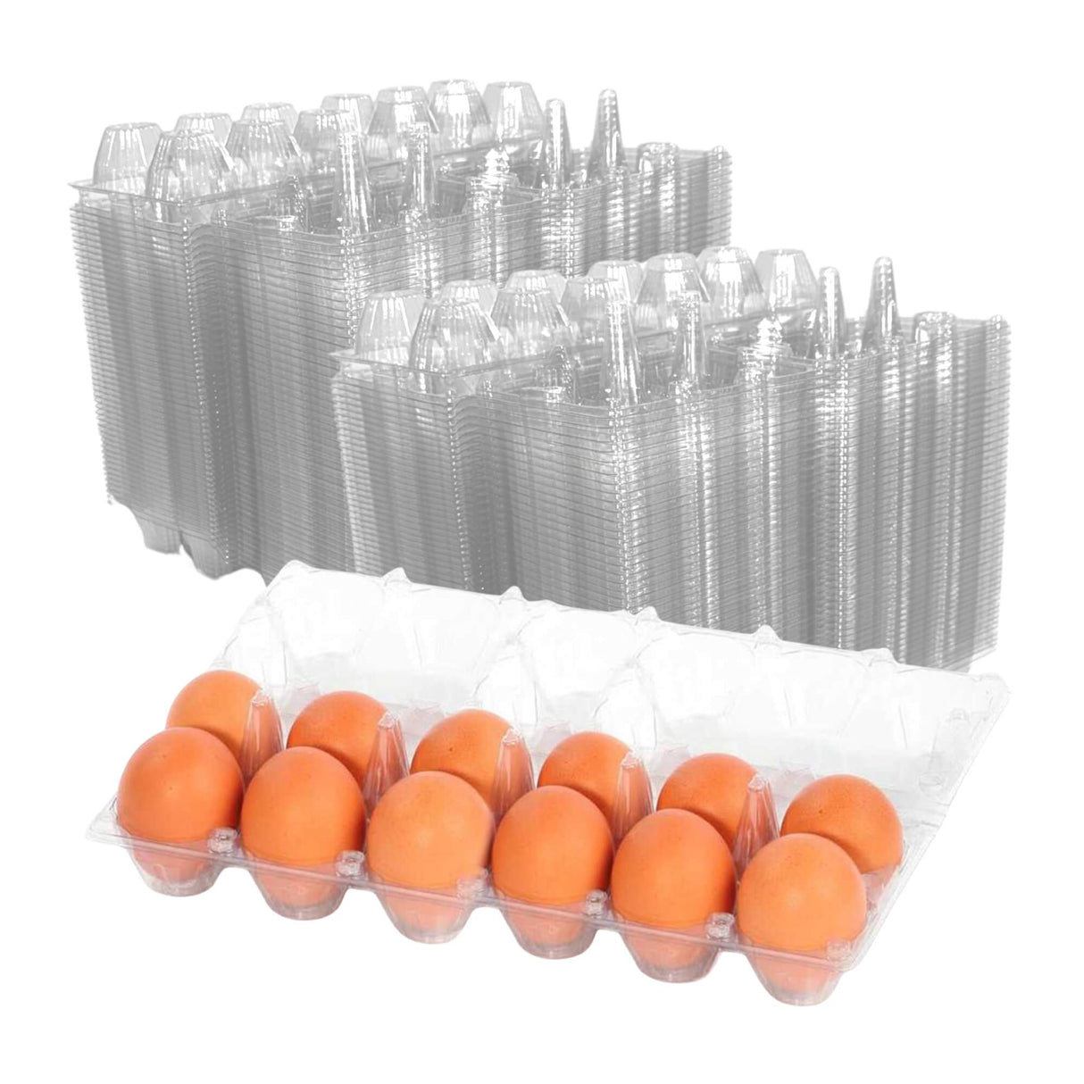 brown eggs in egg carton in front of stack of egg cartons