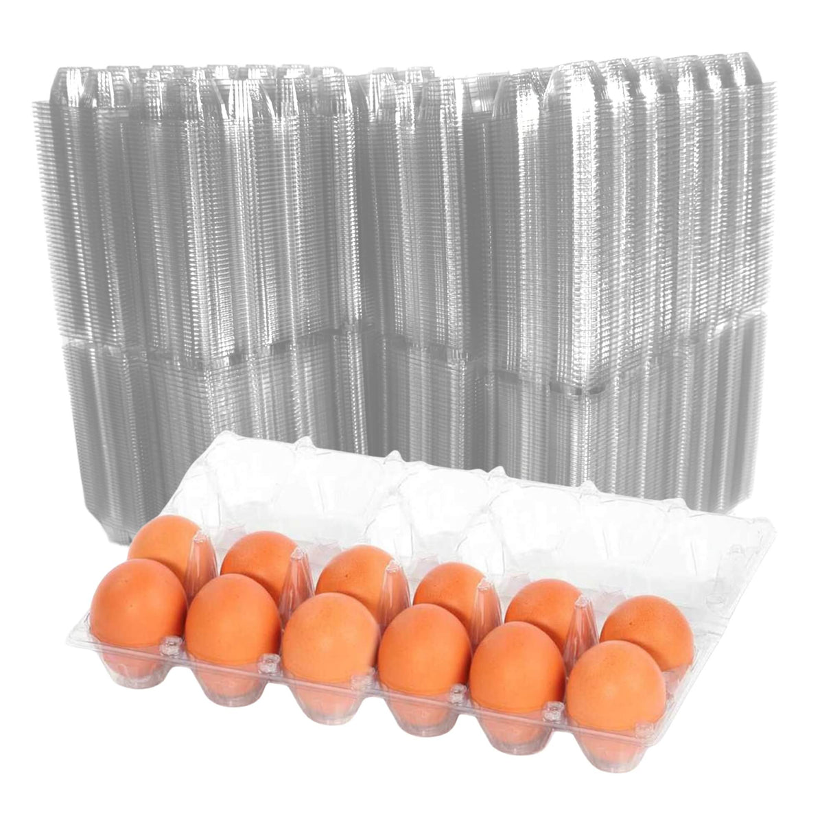 brown eggs in egg carton in front of stack of egg cartons