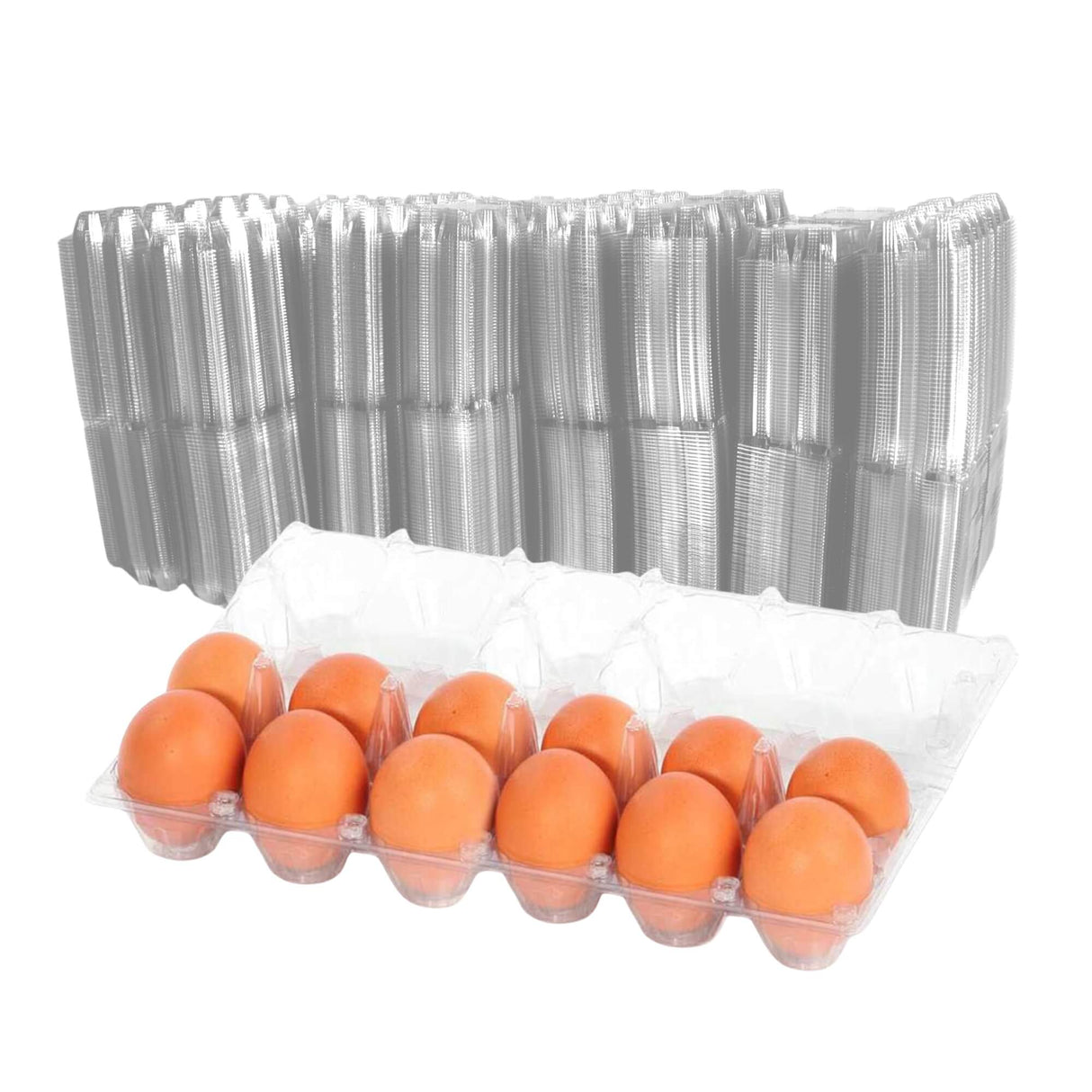 brown eggs in egg carton in front of stack of egg cartons